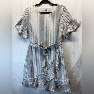 Le Lis Grey & White Striped Mini Dress Easy to Wear | Casual | Ruffle w/ wo Tie